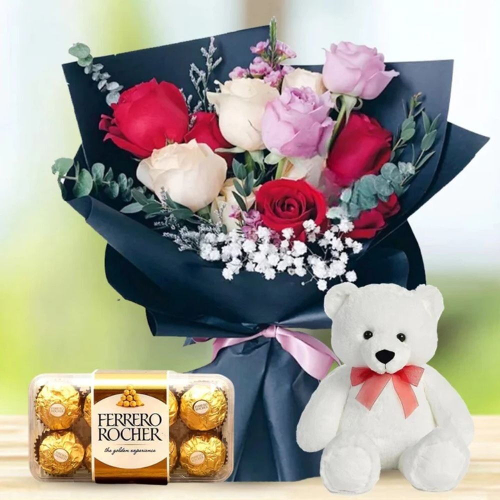 10 Mixed Roses Bouquet White teddy and Ferrero