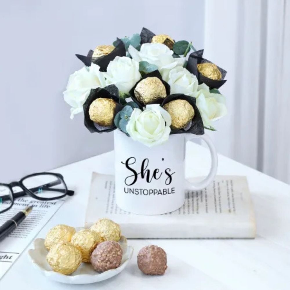 Women's Day Gift Set Mug with Fresh White Roses & Chocolates