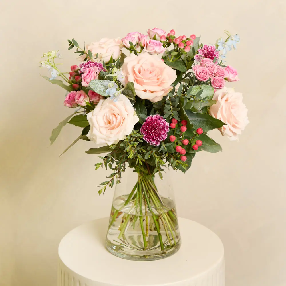 A floral duet of pink and blue