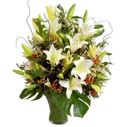 Resplendent Lilies Flower Arrangement (Resplendent Lilies - 5 Lilies 3 Madonnas Flower Arrangement)