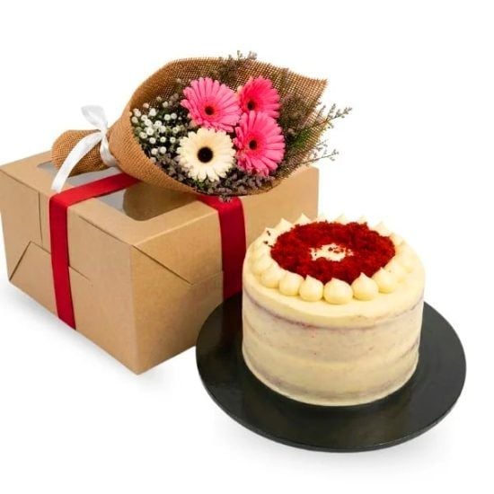 Premium Raspberry Red Velvet Cake & Flowers