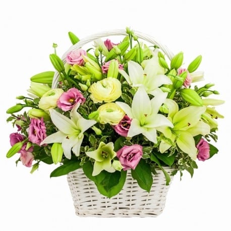 LARGE BASKET WITH LILIES AND SEASONAL FLOWERS