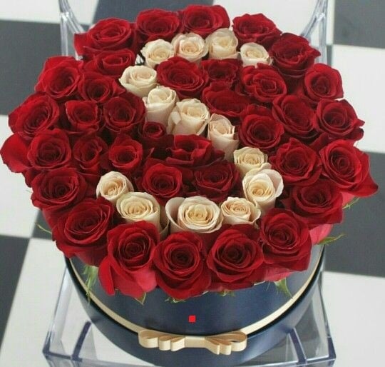 Roses in box with letter of choice