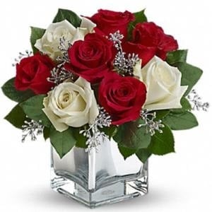 Red and white roses cube arrangement