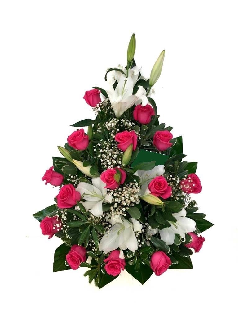 Floral Arrangement with Red or Pink Roses and White Lilium