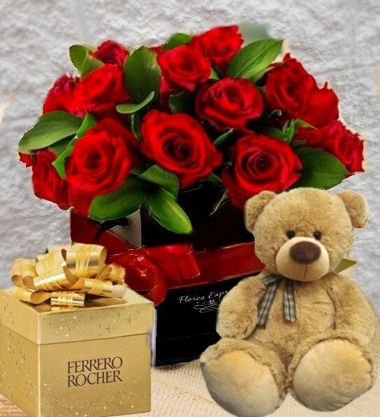 COMBO BOX 12 ROSES, TEDDY AND FERRERO