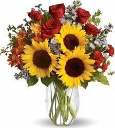 Assorted vase with roses and sunflowers, daisies and others