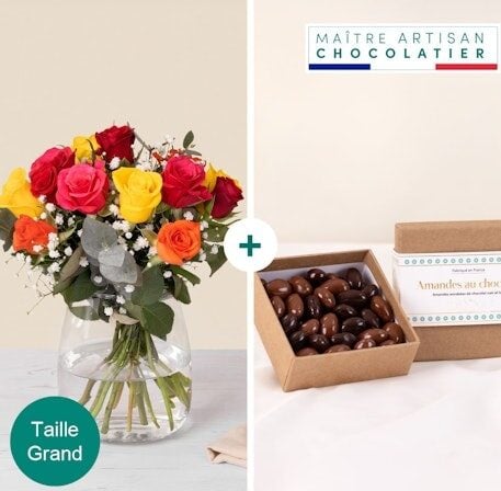 A bouquet of multicolored roses and chocolate-covered almonds (Normal)
