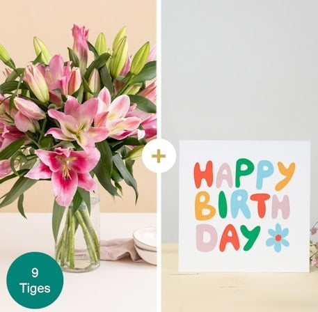 A bunch of lilies and a Happy Birthday message card (5 Lilies)