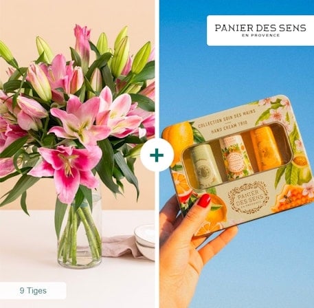 bouquet of lilies and its set of hand creams - Basket of the senses (Normal)
