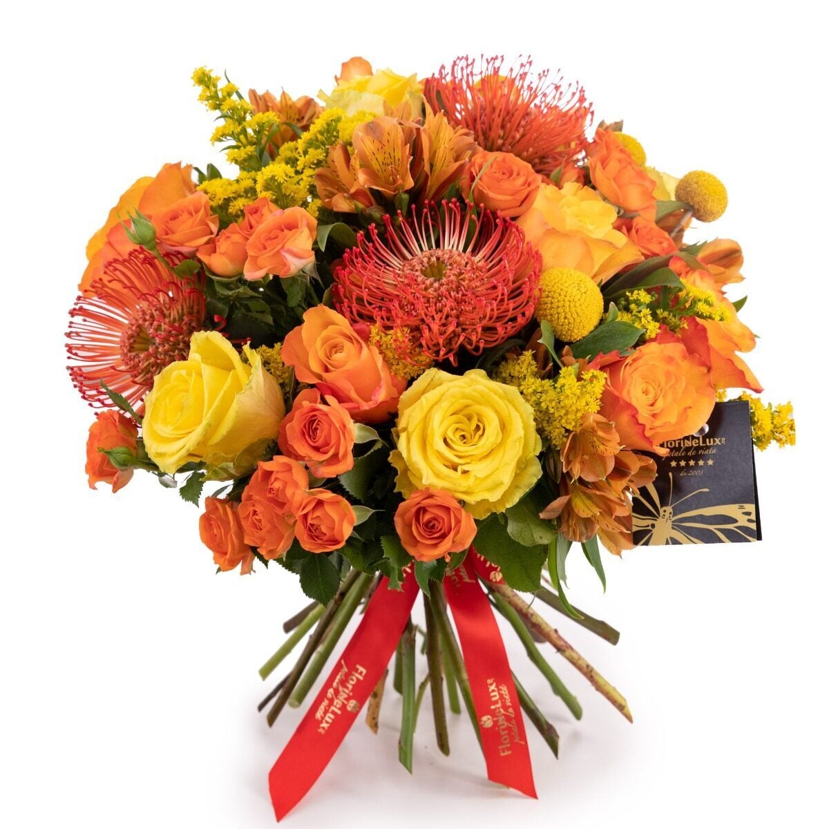 Orange bouquet with roses and leucospermum (Standard)