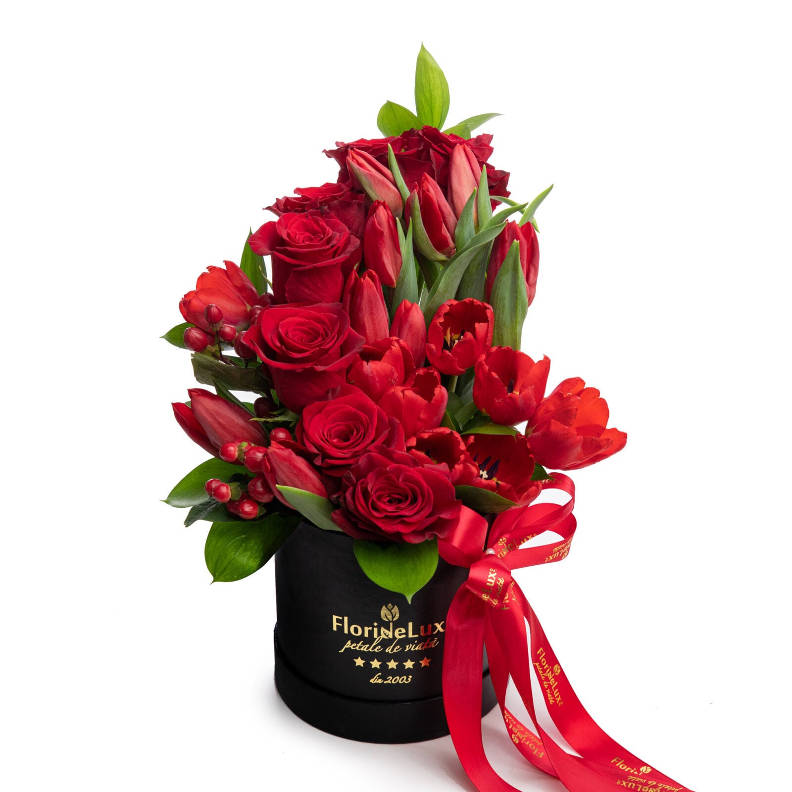 Round black box with tulips and roses (standard)