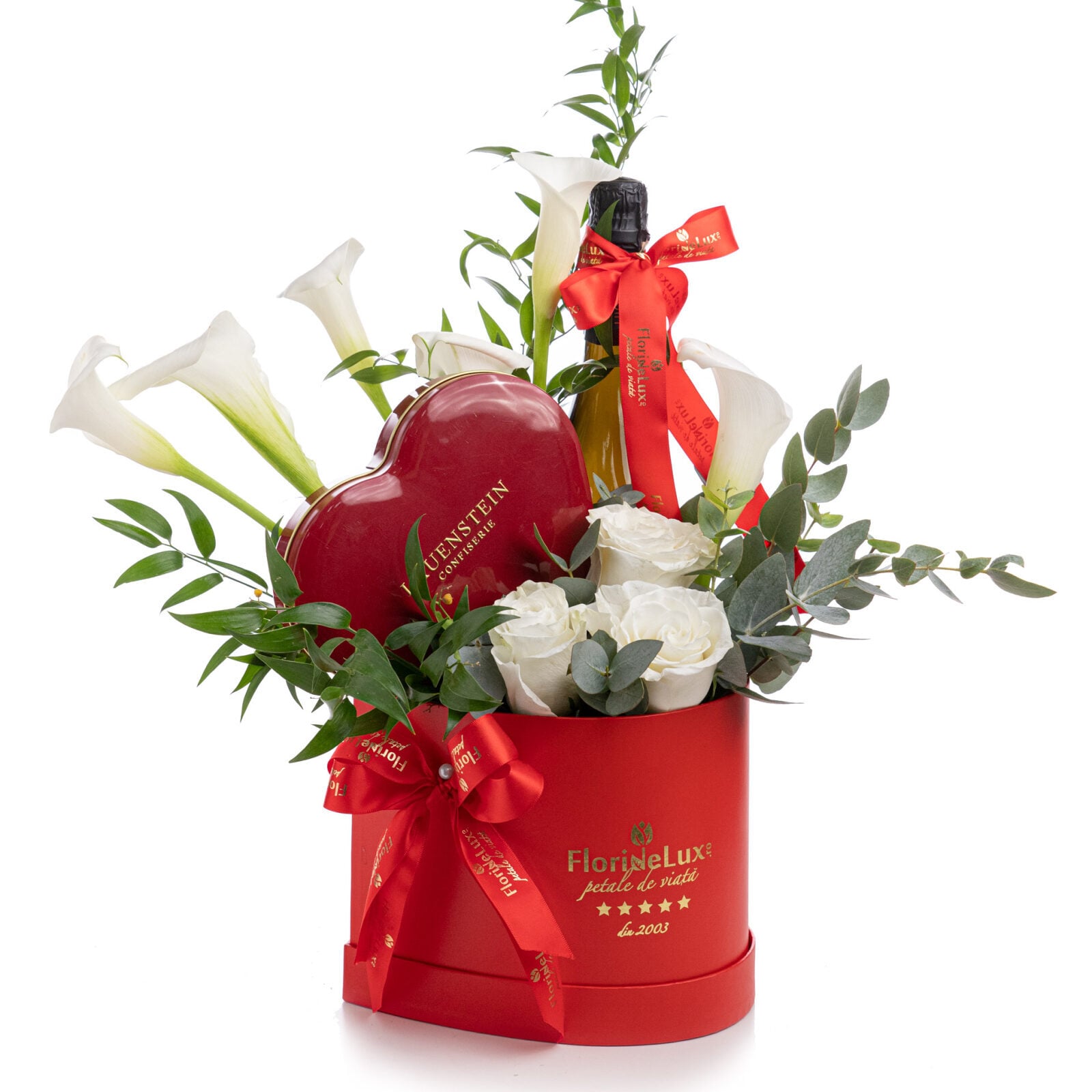 Heart box with white flowers, pralines and Prosecco AMI (Standard)