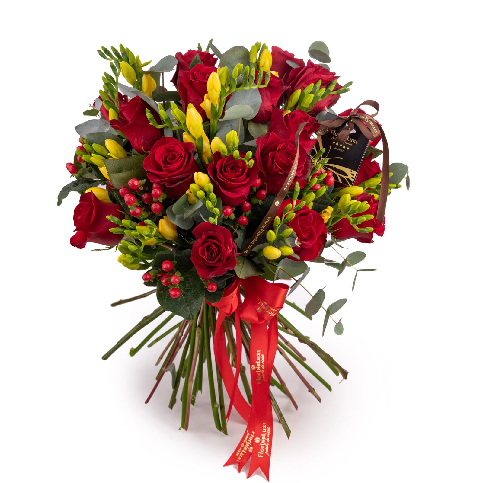 Bouquet of red roses and yellow freesias (Standard)