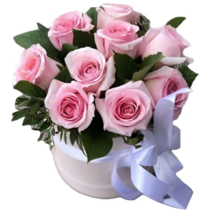 9 Pink Roses In Hatbox