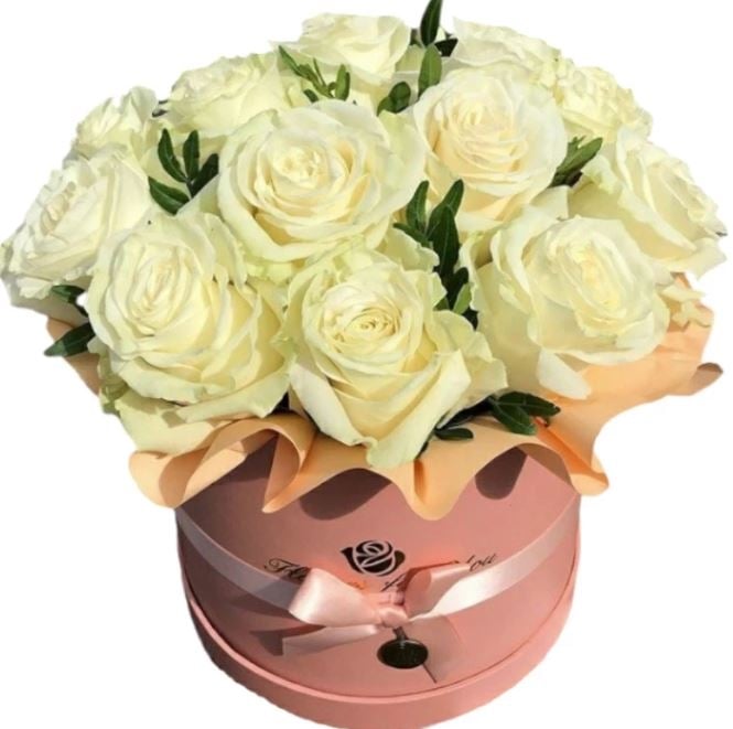11 White Roses In Hatbox