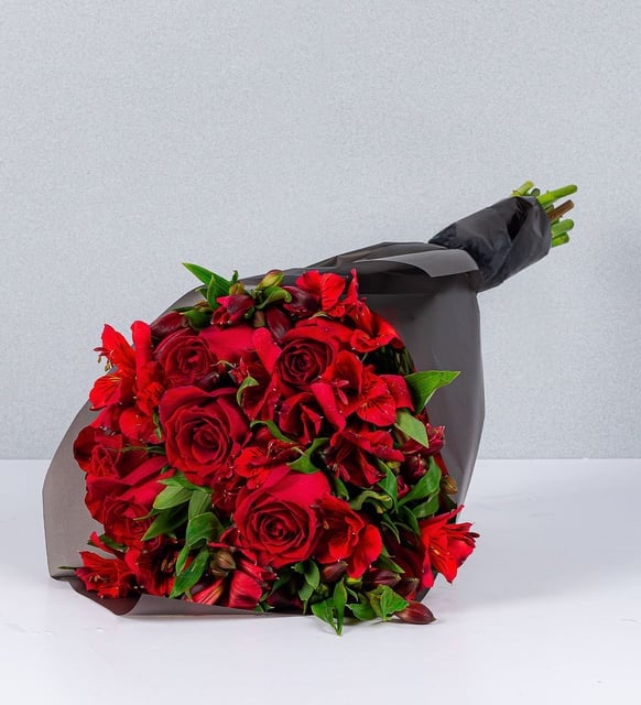 Astromelias and Red Rose Bouquet
