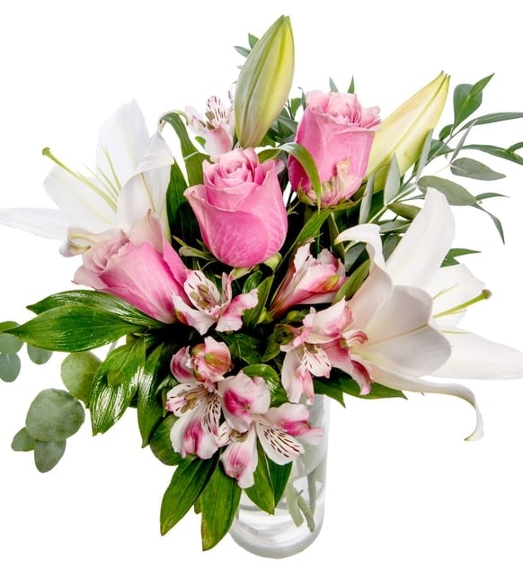 Pink alstroemeria & pink rose & white lily in vase