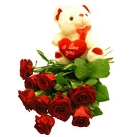 Bear & Hot Roses (9 Roses)