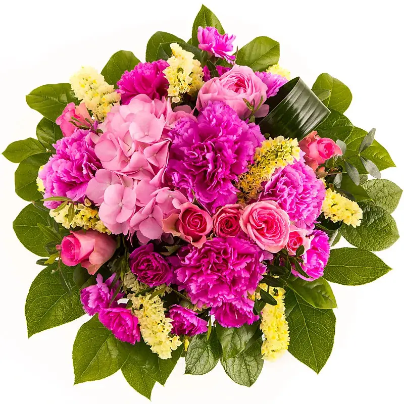Pyöreä kimppu, ruusu ja hortensia