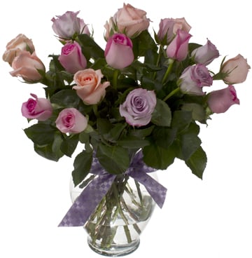 24 Color roses in glass vase