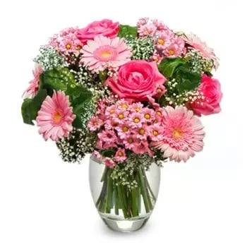4 Pink Roses, 8 Pink Gerbera, Babys Breath