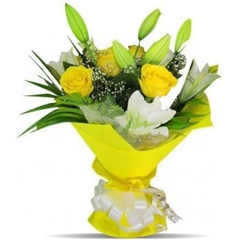 10 white Lily buds , 6 yellow Roses (Standard)