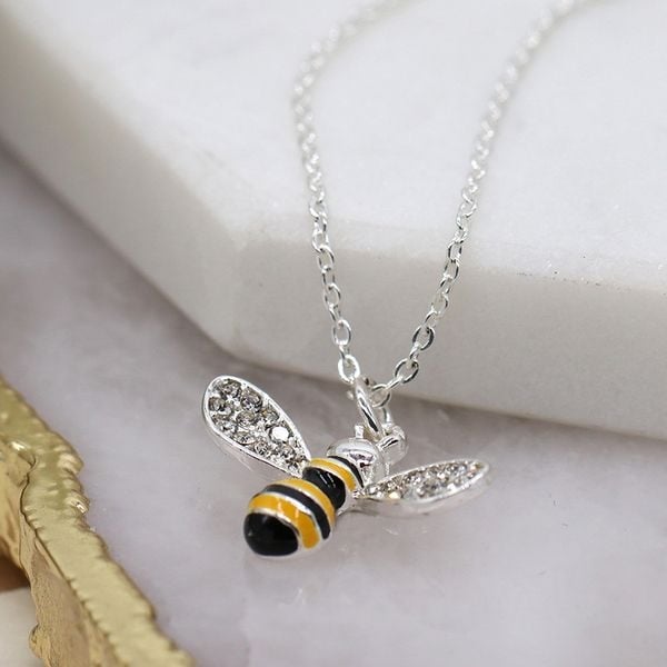 Silver Plated Bee Necklace With Crystal Wings