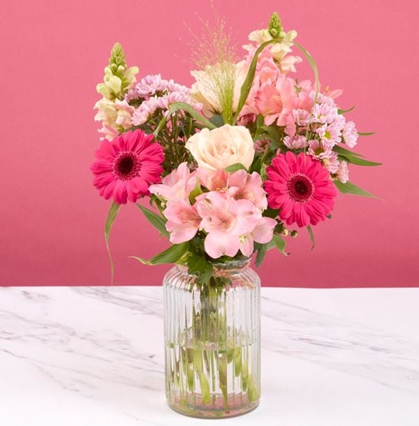 Peach Rose & Gemini Arrangement in Glass Vase