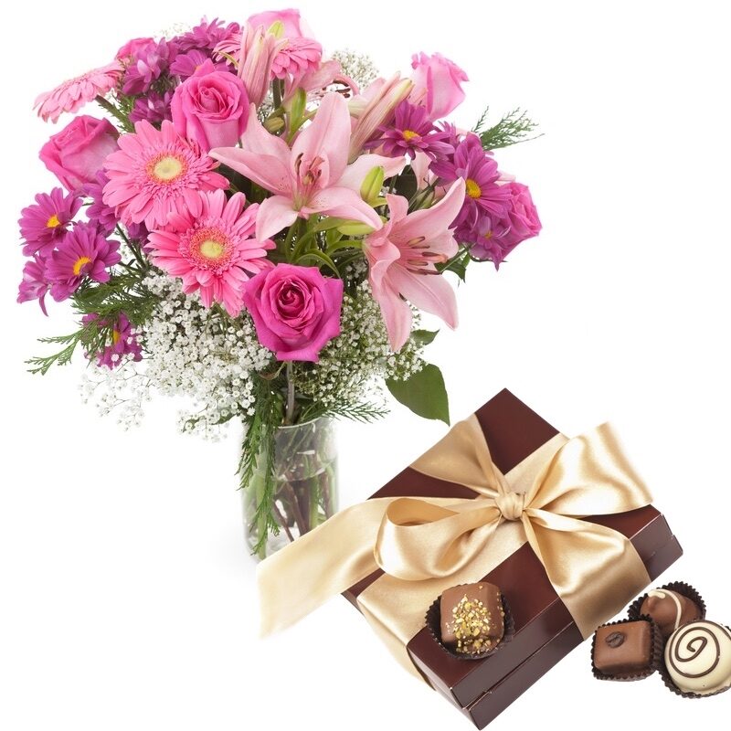 Pink Lilies Gerberas Roses In Vase With Chocolates (Flowers And Wine)