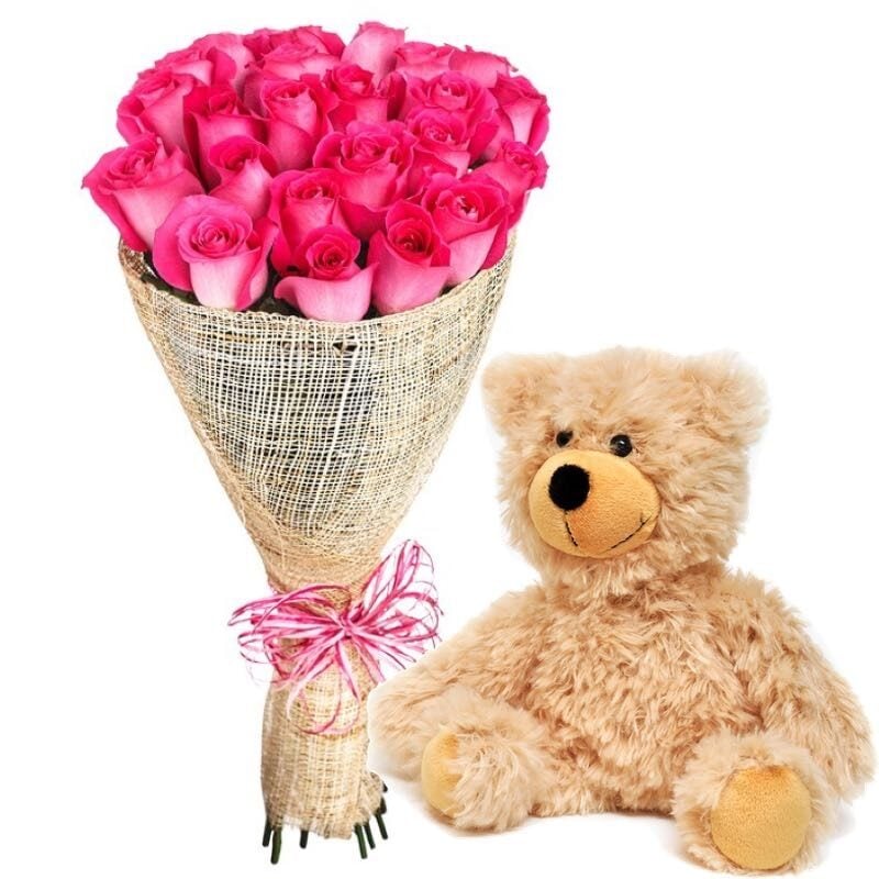 bouquet pink roses and teddy bear (Standard)