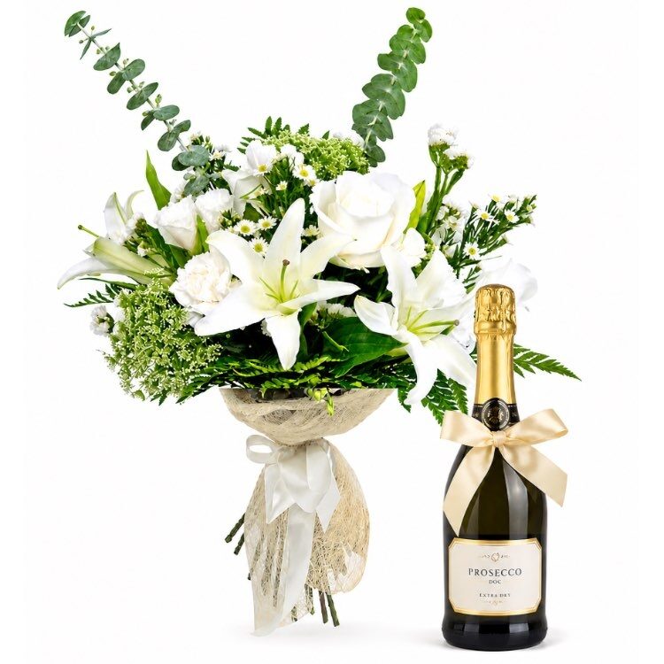 white bouquet with prosecco (flowers and wine)