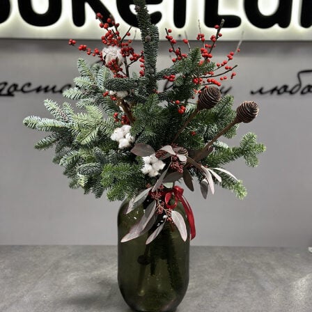 Winter composition in a vase made of natural pine needles (Usual)