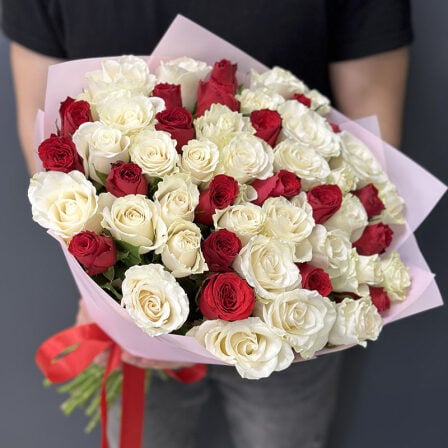 51 red and white imported roses (Usual)