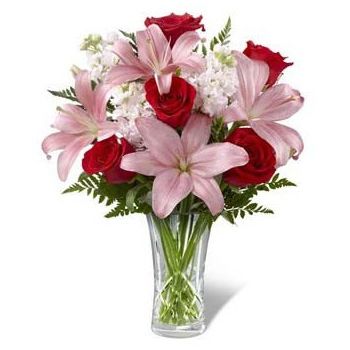 5 Red Roses, 3 White Matiola, 4 Pink Lilies (Standard)