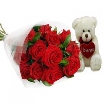 10 Red Roses With Teddy Bear. (Standard)