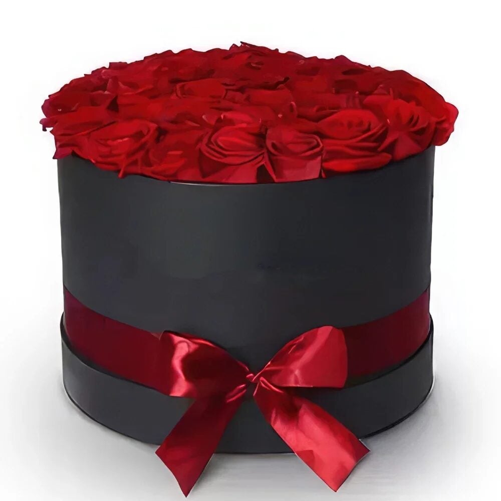 Black Round Box of Red Roses