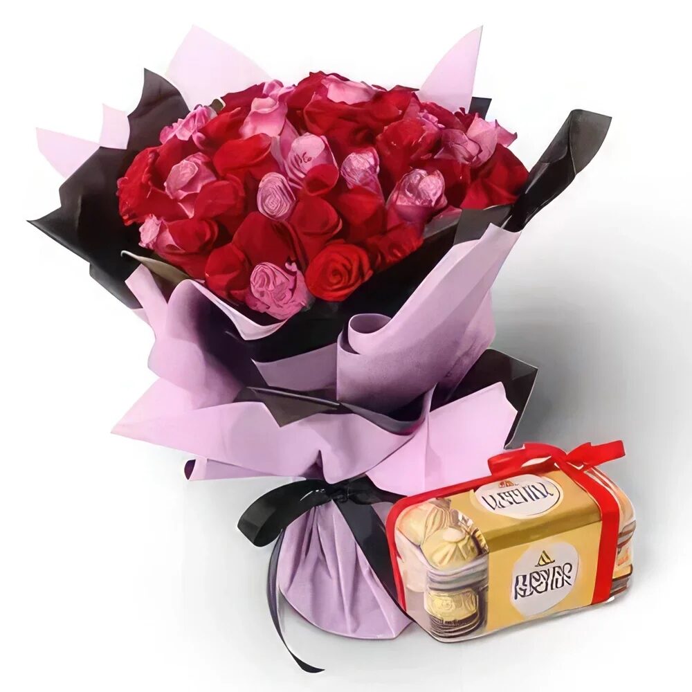 Red Roses& Purple Roses Arranged in a Black and Purple Wrapping