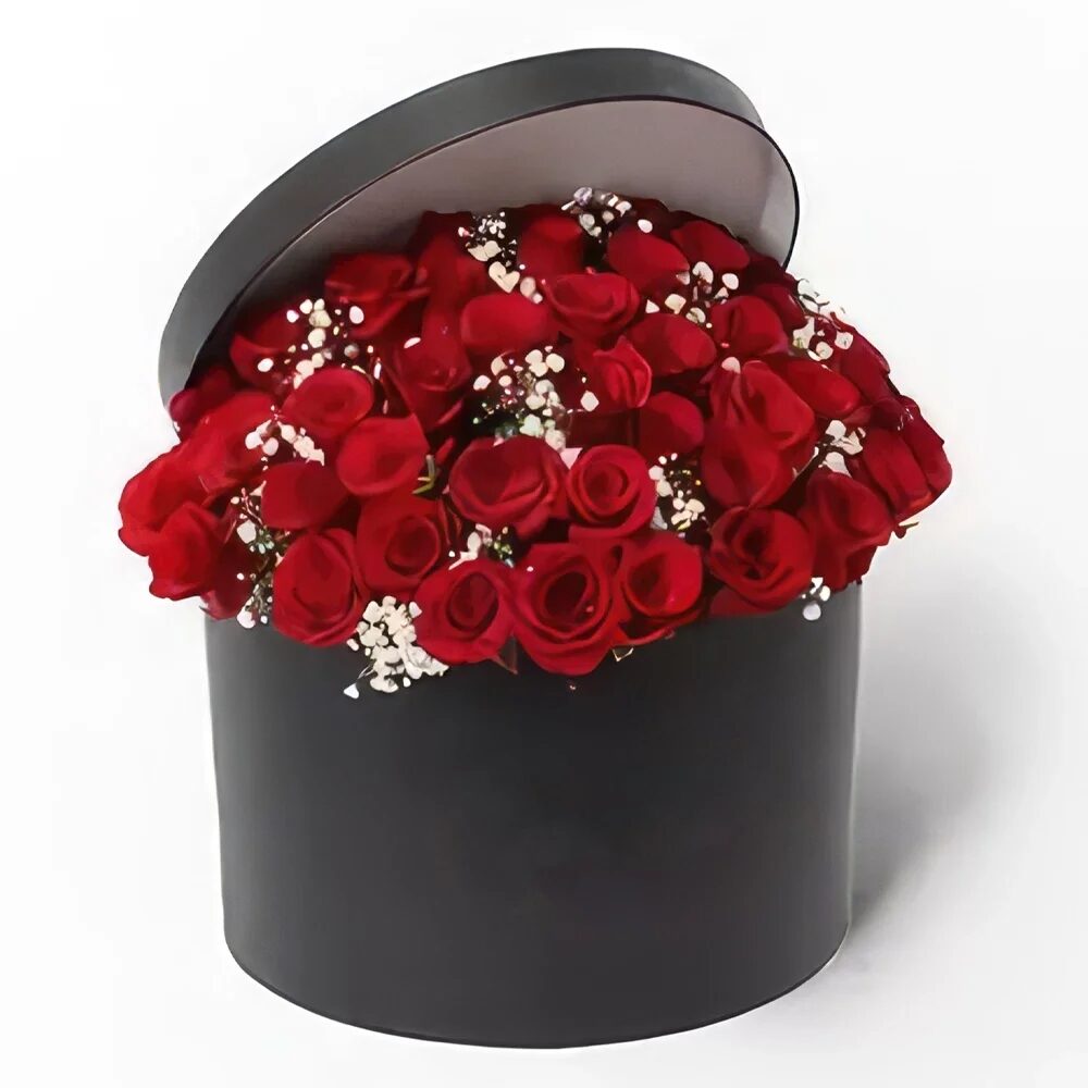 Round Black Box Filled with Red Roses & Gypso