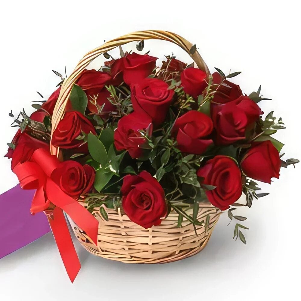 Rare Red Roses Arranged in Handle Basket with Palviforia Leaves