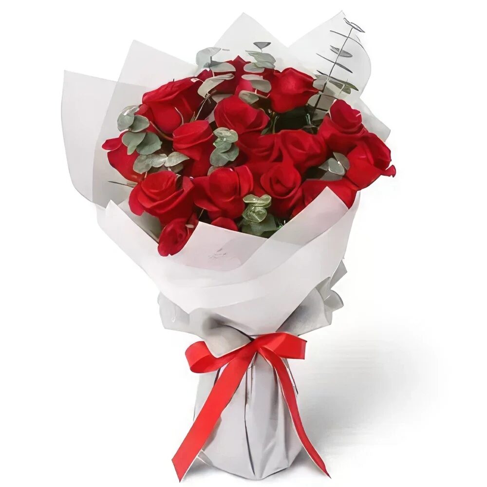 Red Roses in White and Grey Wrapping