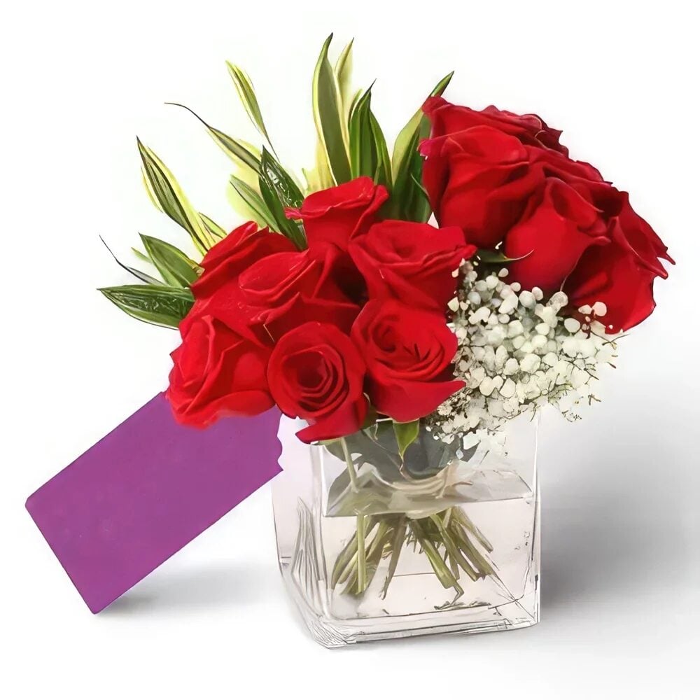 Red Roses in Square Glass Vase