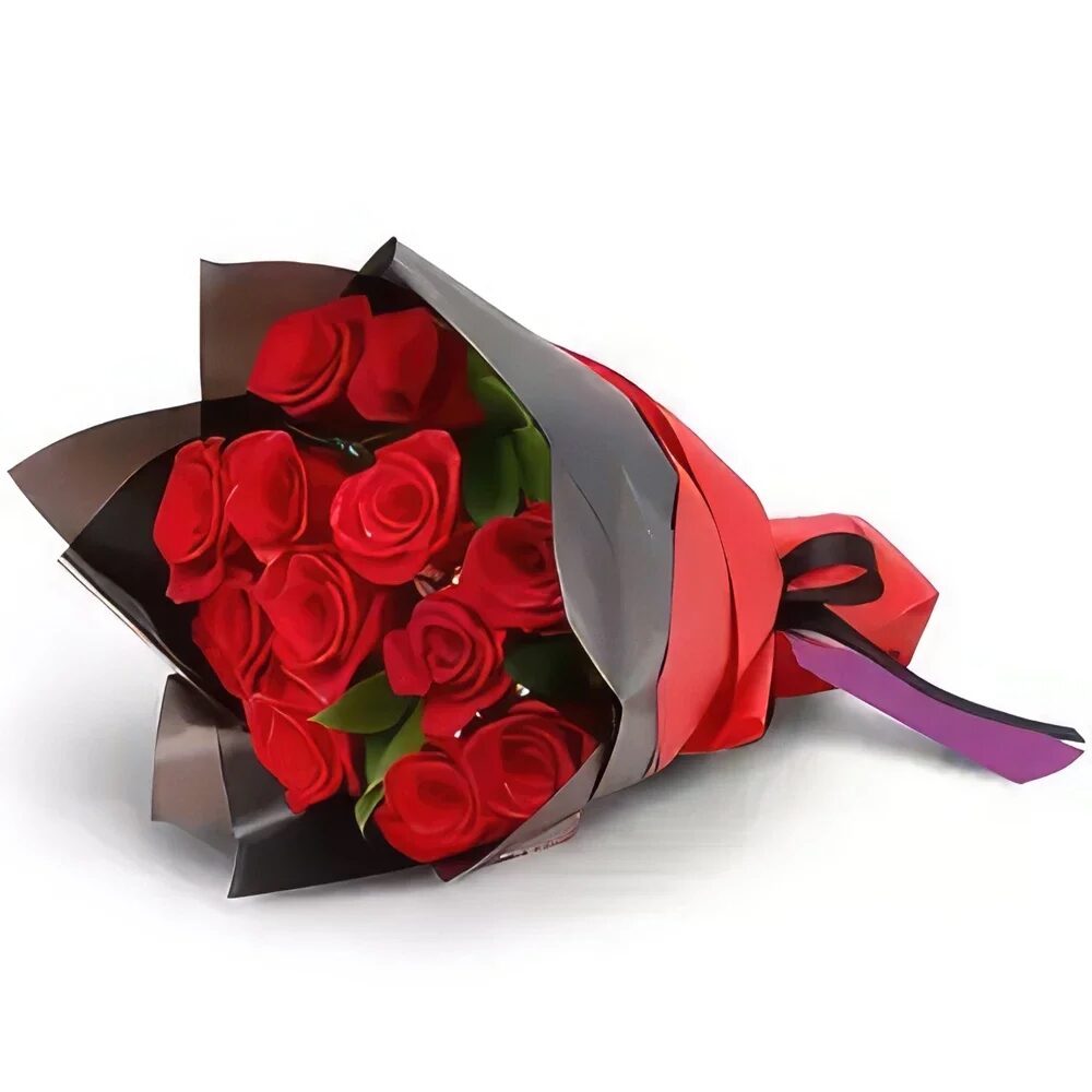 Red Roses, Ruscus and 1 Gypso in Red and Black Wrapping