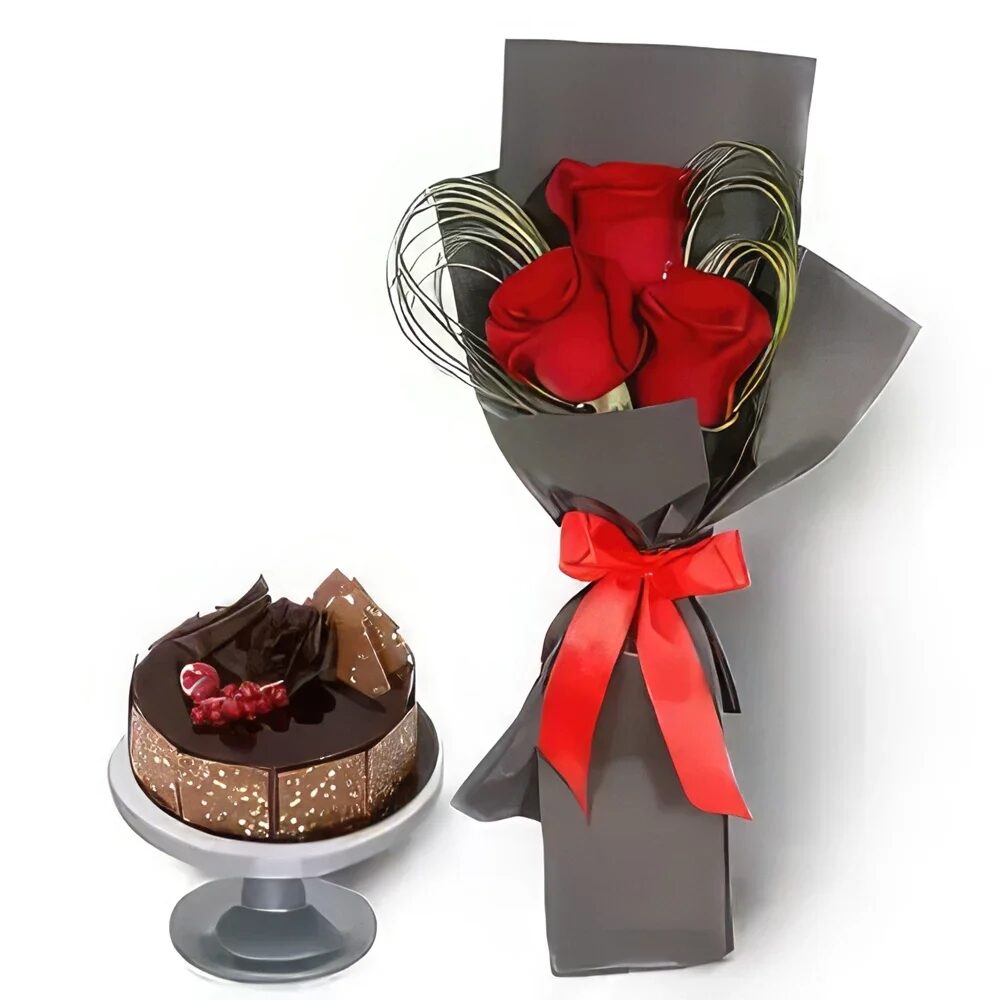 Fudge Cake Paired with Elegant Red Roses