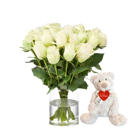 White roses + free bear (Small)