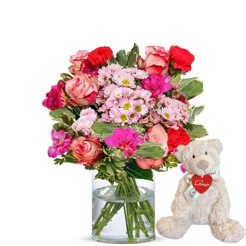 Beautiful pink flowers with teddybear (Small)
