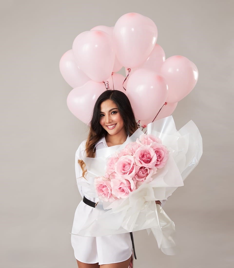 Pink Rose Bouquet & Heart Balloons Set