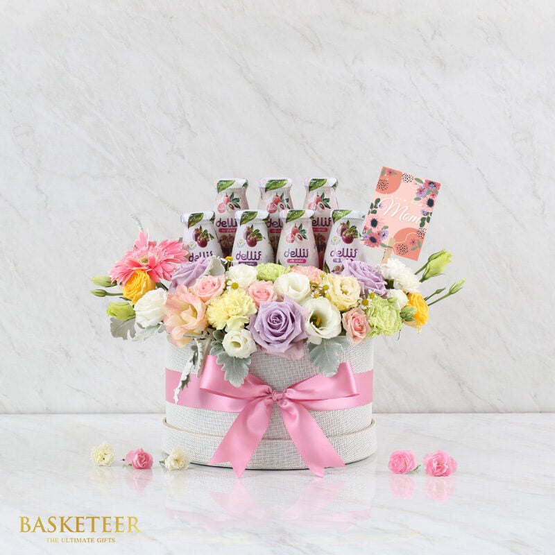 Healthy Drink With Sweet Bright Flowers Box