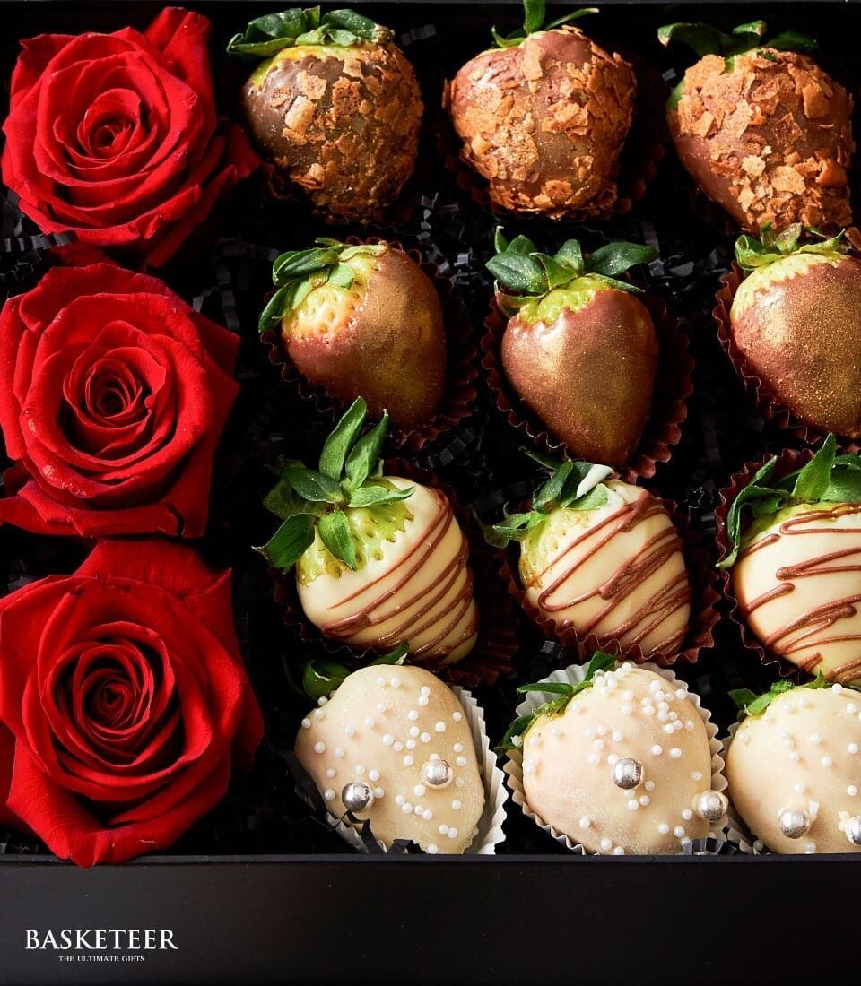 Luxury Red Roses & Chocolate-Dipped Strawberries Box