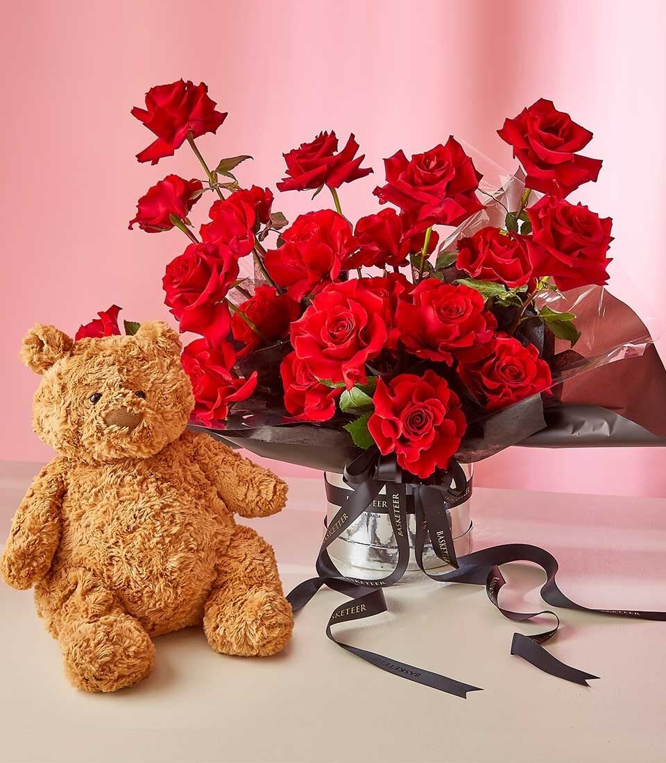 Charming Red Rose Vase with Teddy Bear